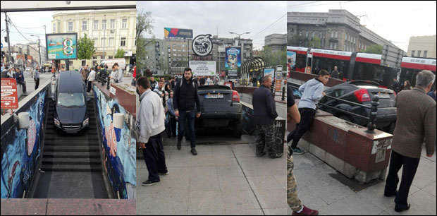 ФИЛМСКА СЦЕНА КОД ВУКОВОГ СПОМЕНИКА: Промашио гаражу, pa кренуо у пролаз (ФОТО)